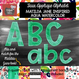 Alpha Pack - Faux Applique - Aqua Watercolor with White Outline