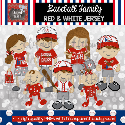 Baseball Family - Brown Hair - Red & White Jersey