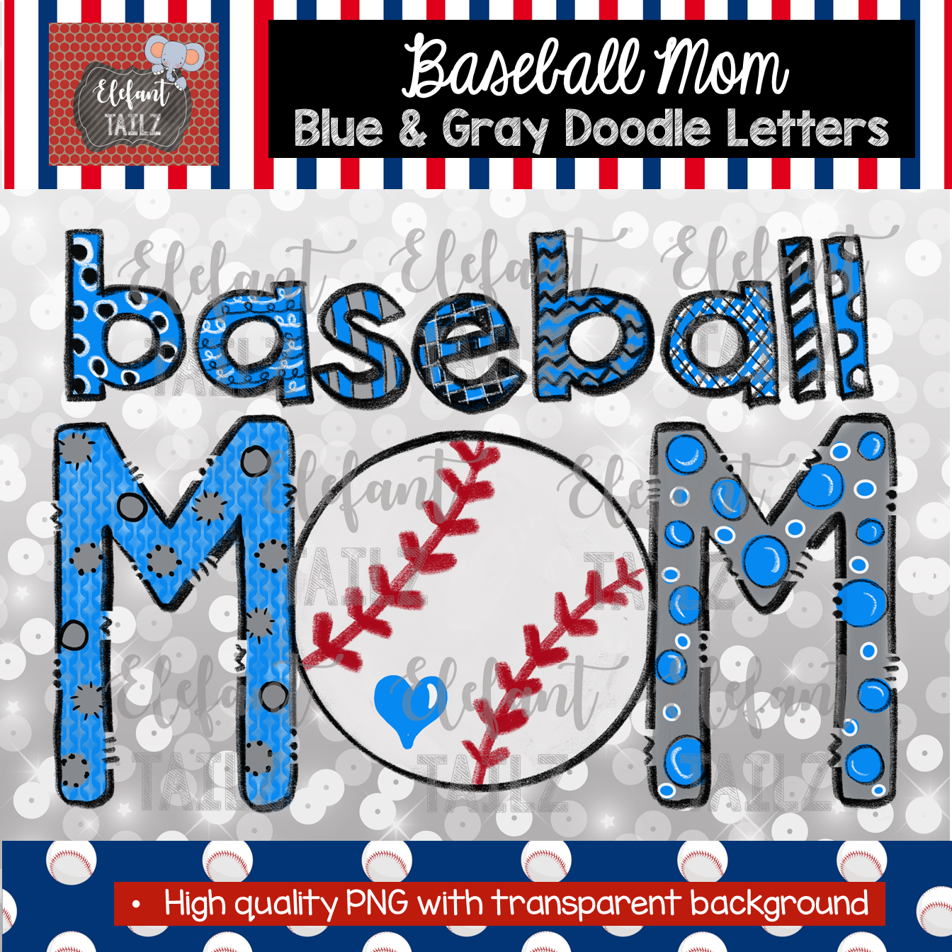 Baseball Mom Doodle Letters - Blue & Gray