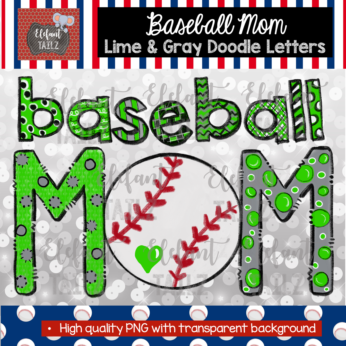 Baseball Mom Doodle Letters - Lime Green & Gray