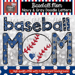 Baseball Mom Doodle Letters - Navy & Gray