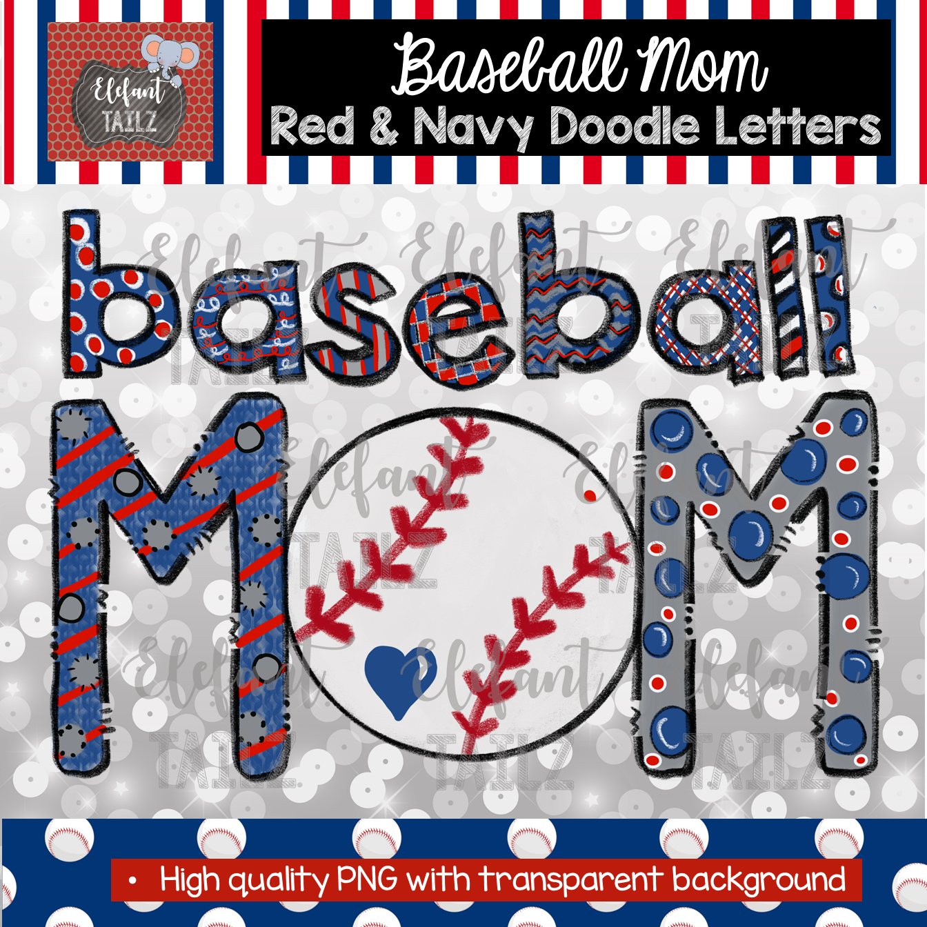 Baseball Mom Doodle Letters - Red & Navy