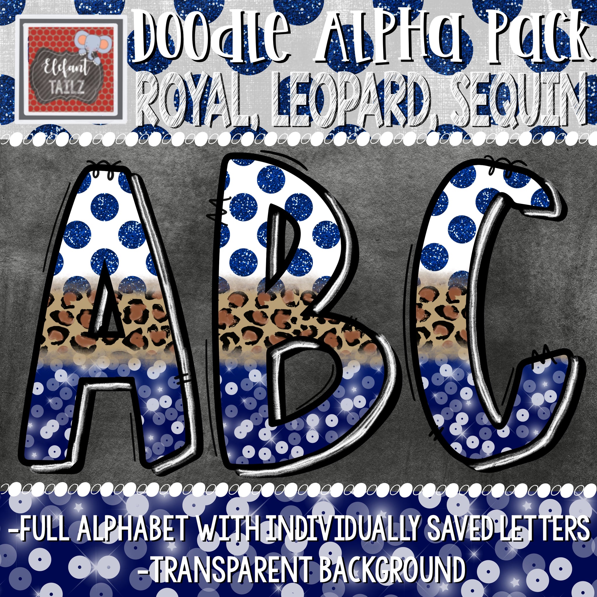 Doodle Alpha - Royal Blue, Leopard, & Sequin