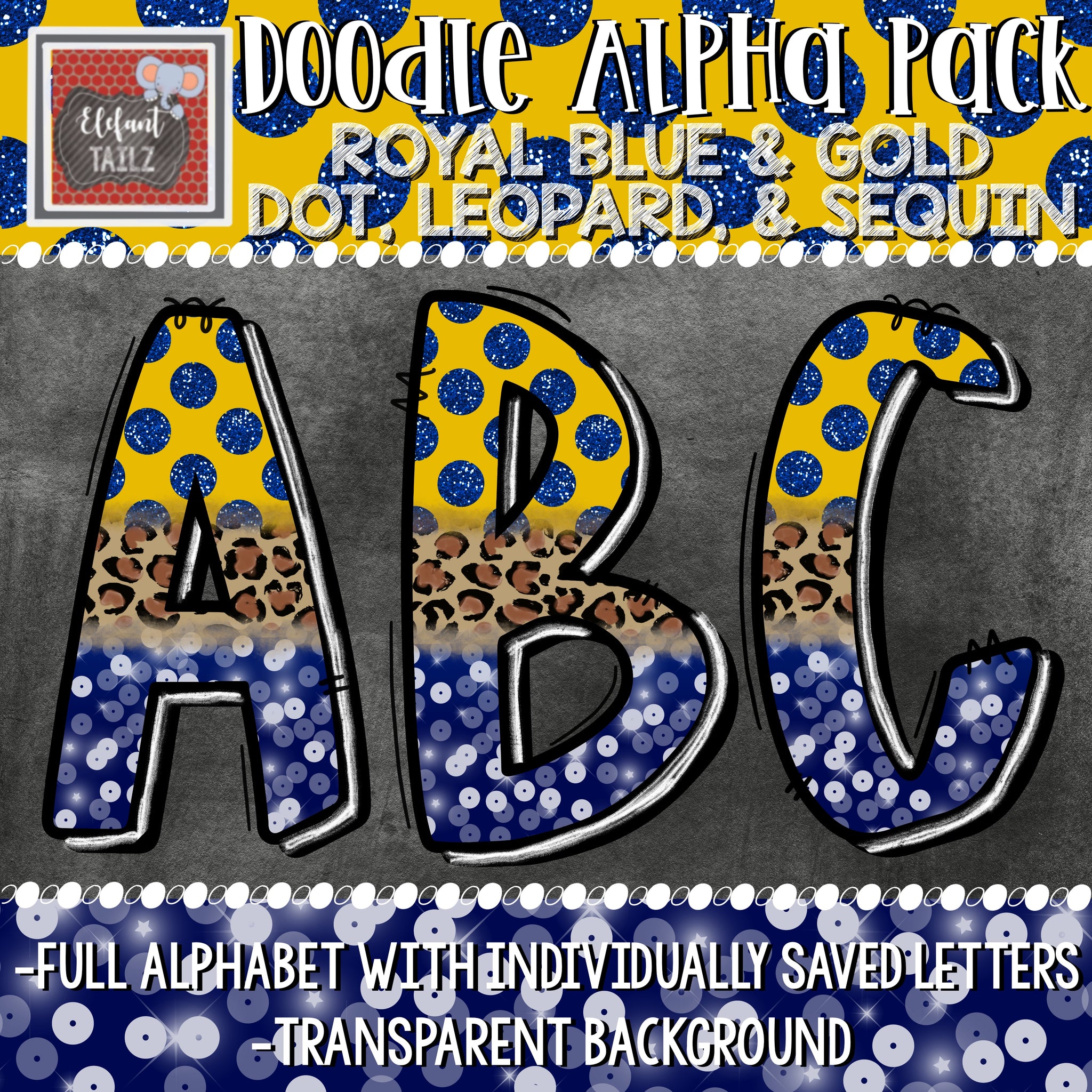 Doodle Alpha -Royal Blue & Gold Dot, Leopard, & Sequin