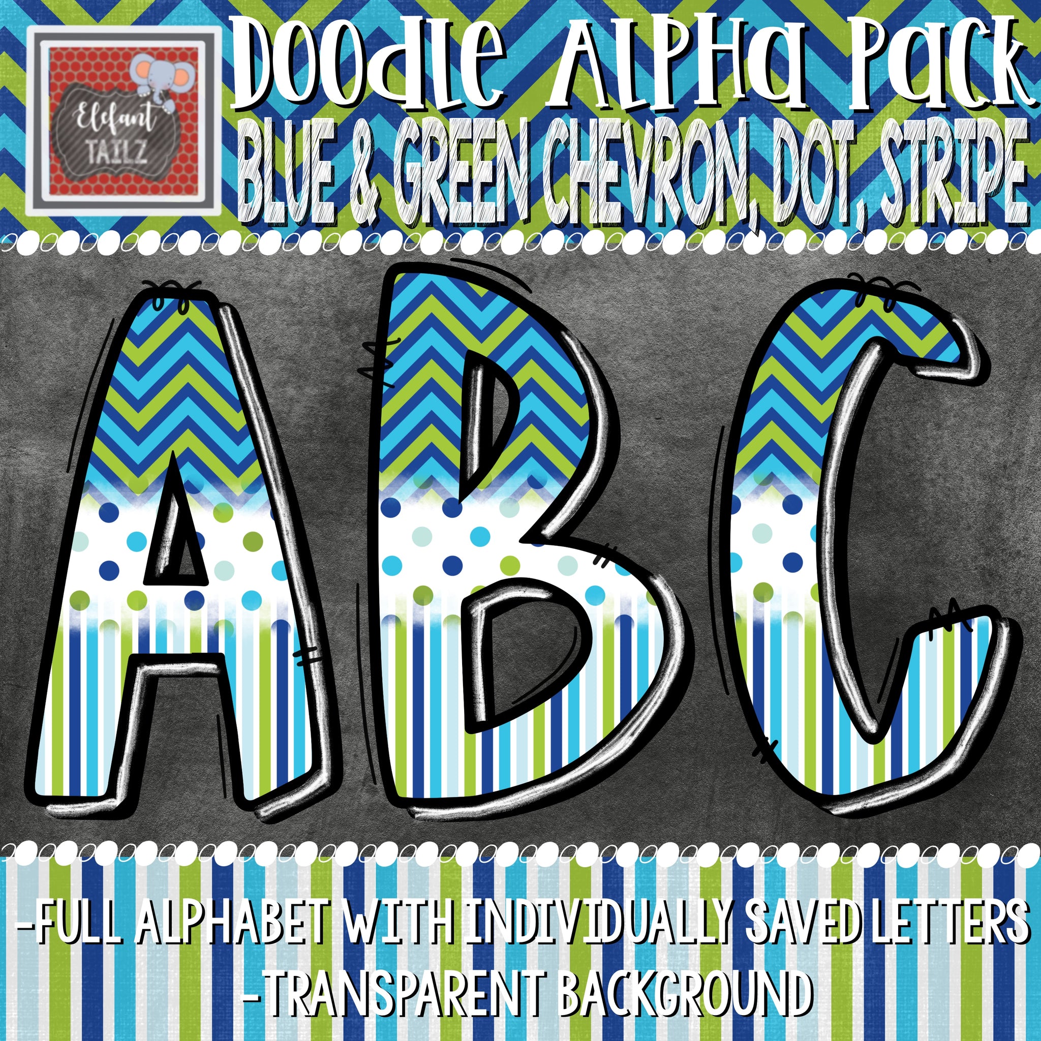 Doodle Alpha - Blue Green Chevron Dot Stripe