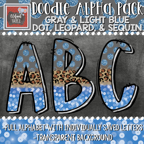 Doodle Alpha - Gray & Light Blue Dot, Leopard, & Sequin