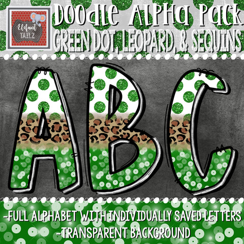 Doodle Alpha - Green Dot, Leopard, & Sequins