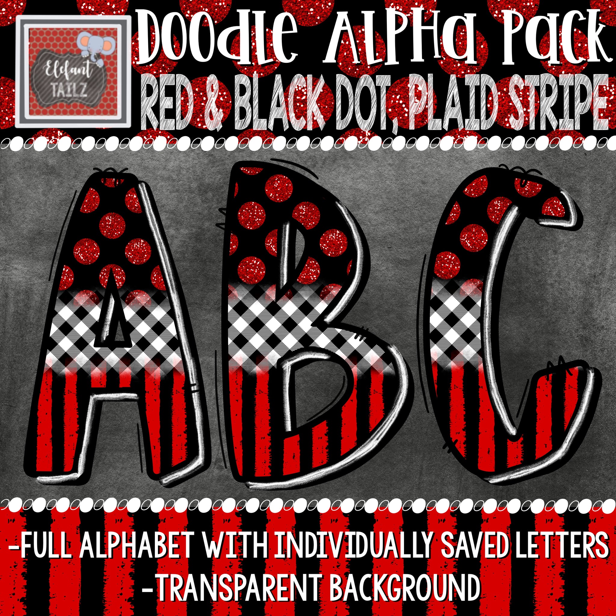 Doodle Alpha - Red & Black Dot, Plaid, & Stripe