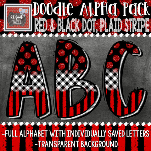 Doodle Alpha - Red & Black Dot, Plaid, & Stripe