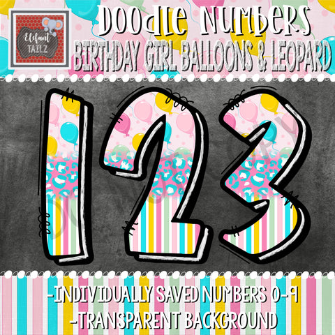 Doodle Numbers - Birthday Girl, Balloons, & Leopard