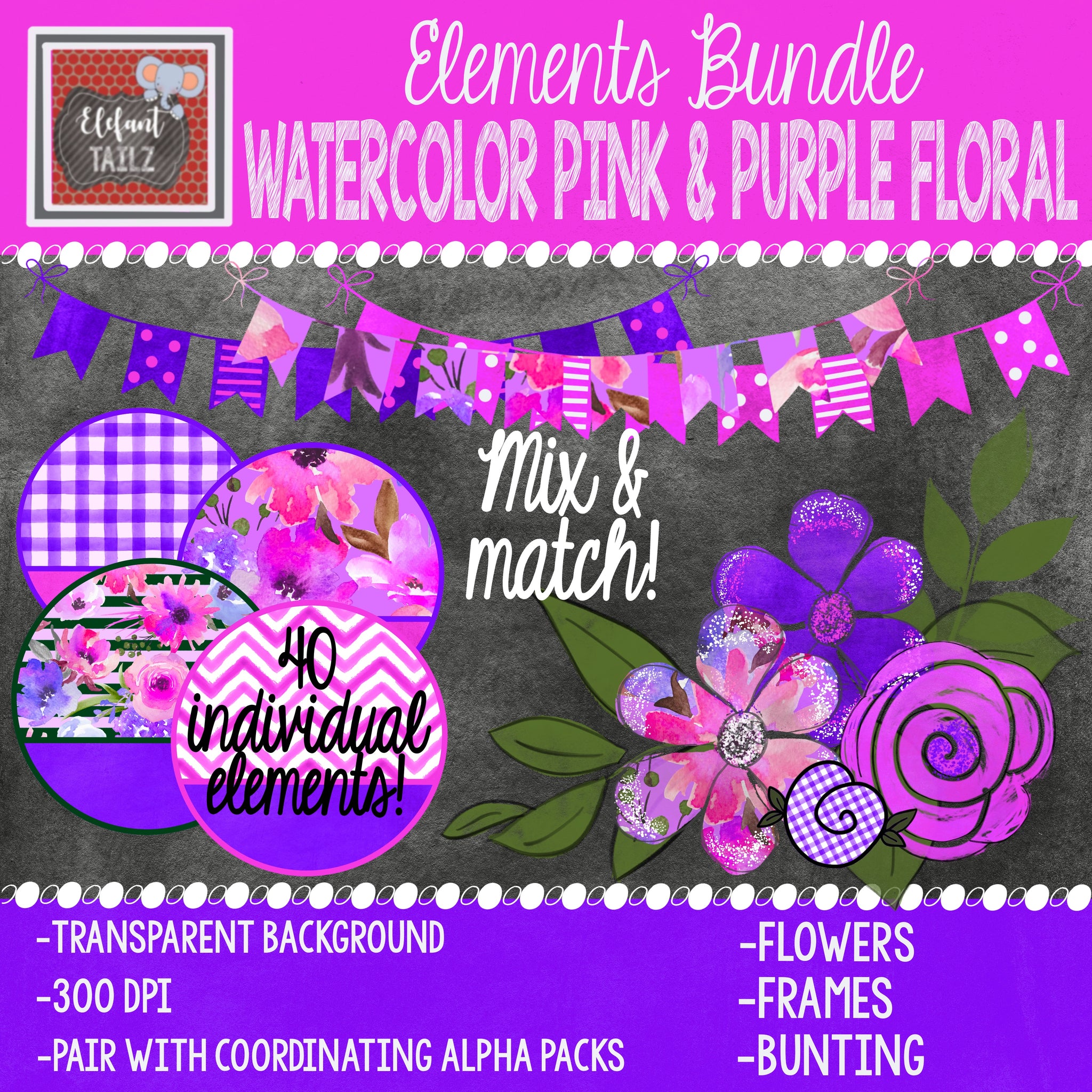 Watercolor Pink & Purple Floral Elements BUNDLE