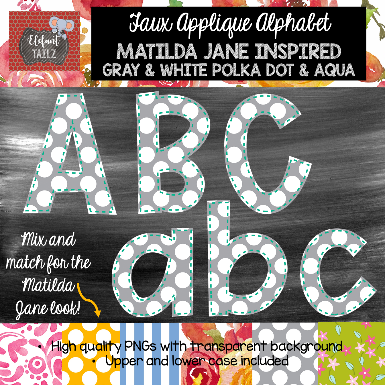 Alpha Pack - Faux Applique - Gray & White Polka Dot Aqua Outline