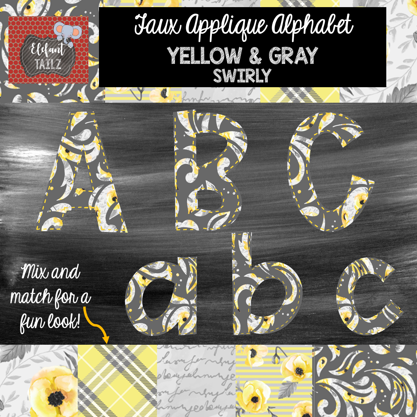 Alpha & Number Pack - Faux Applique - Gray & Yellow Swirly