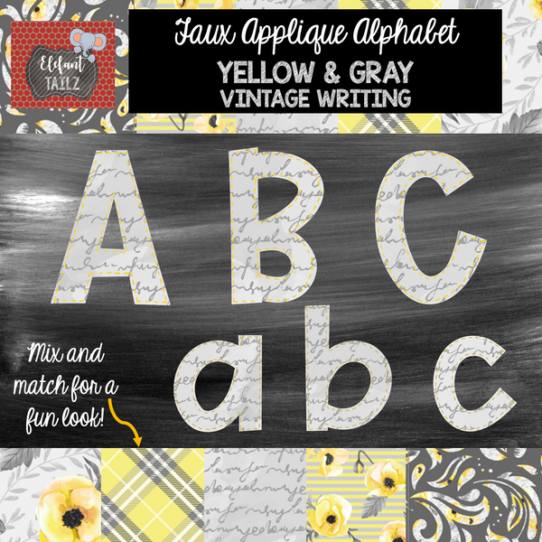 Alpha & Number Pack - Faux Applique - Gray & Yellow Vintage Writing