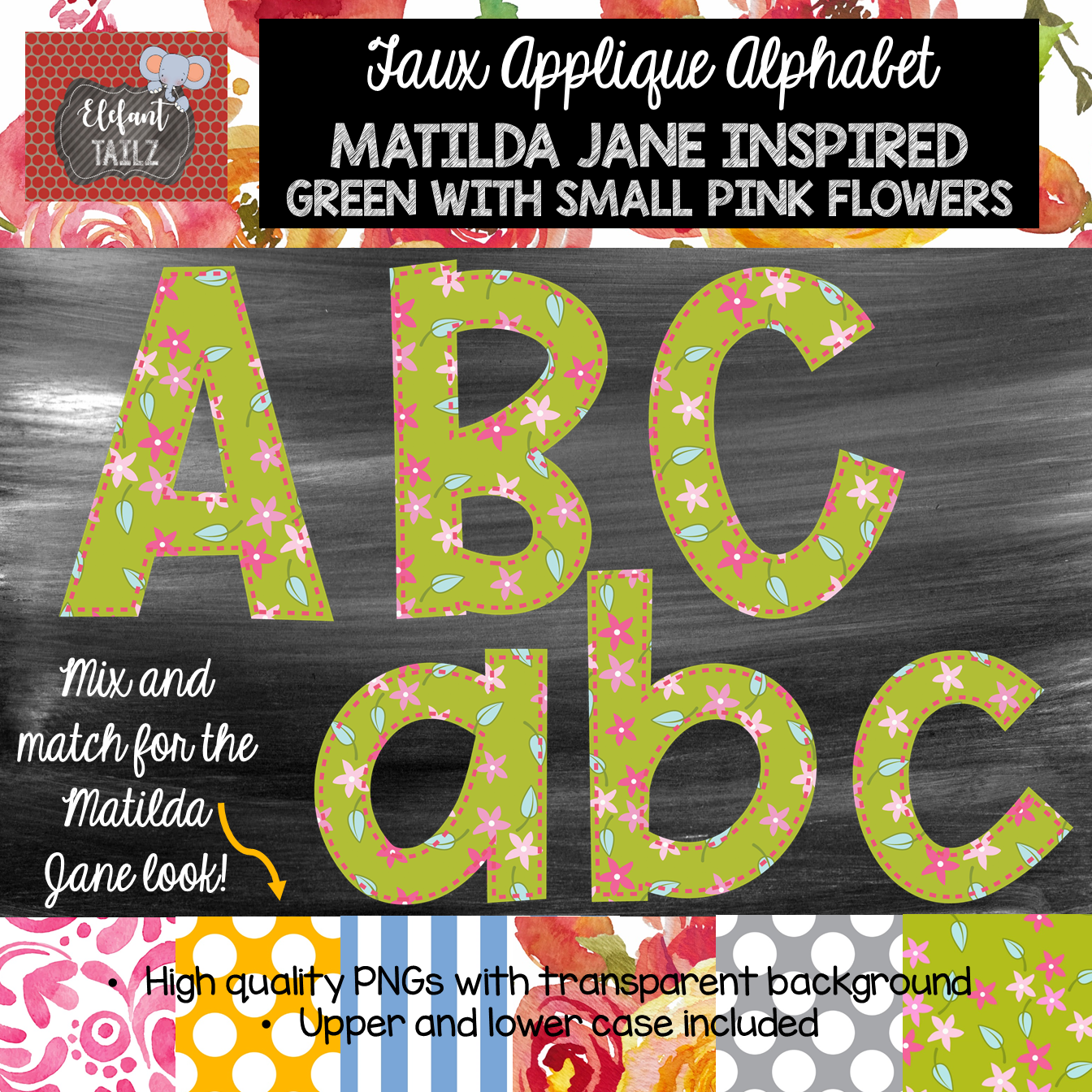 Alpha Pack - Faux Applique - Green & Small Pink Flowers