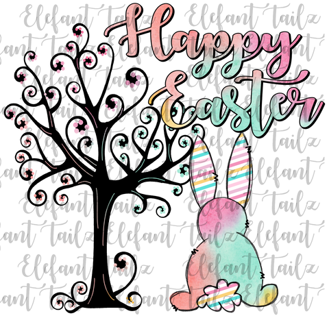 Happy Easter Watercolor Bunny & Tree