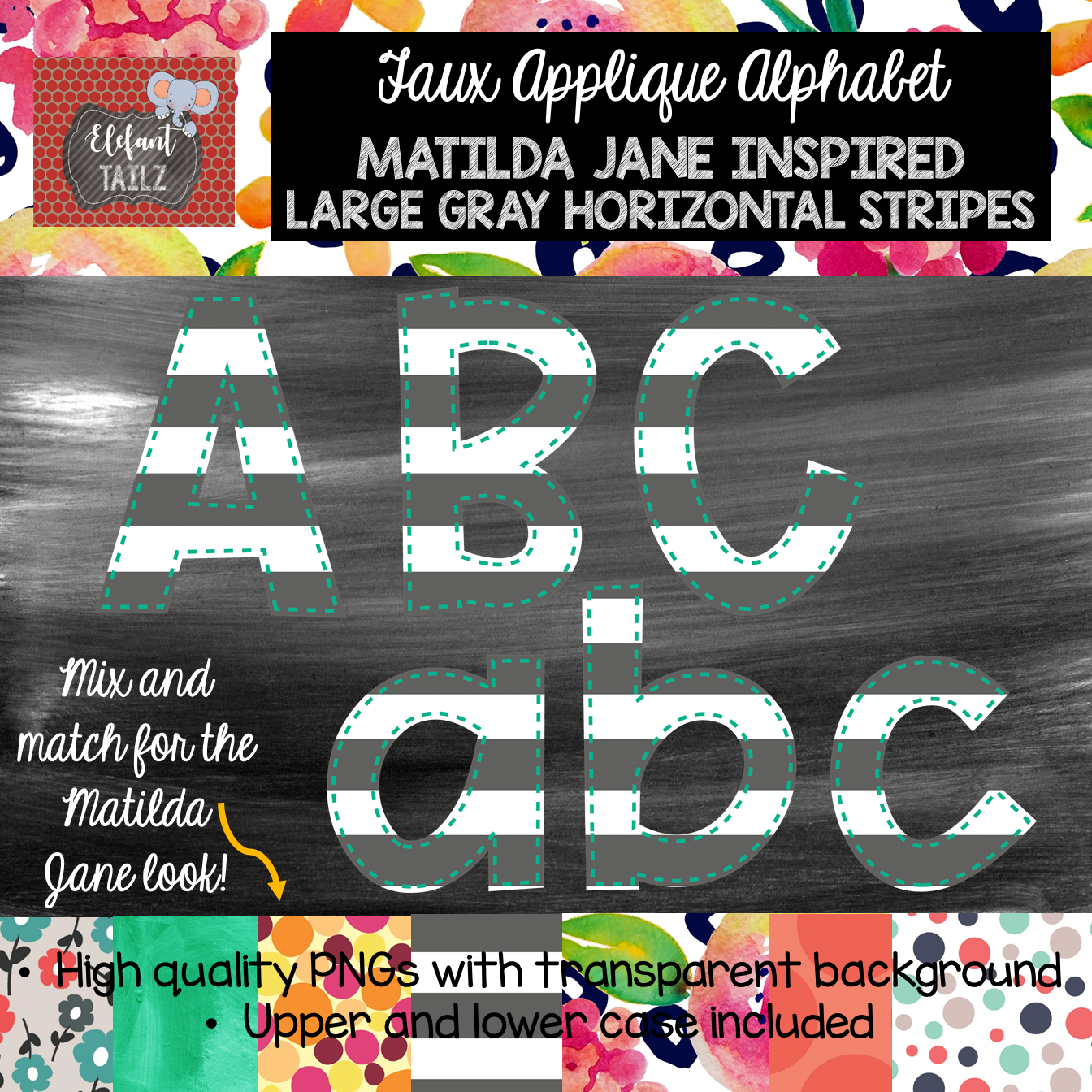 Alpha Pack - Faux Applique - Jumbo Gray Stripes with Aqua Outline