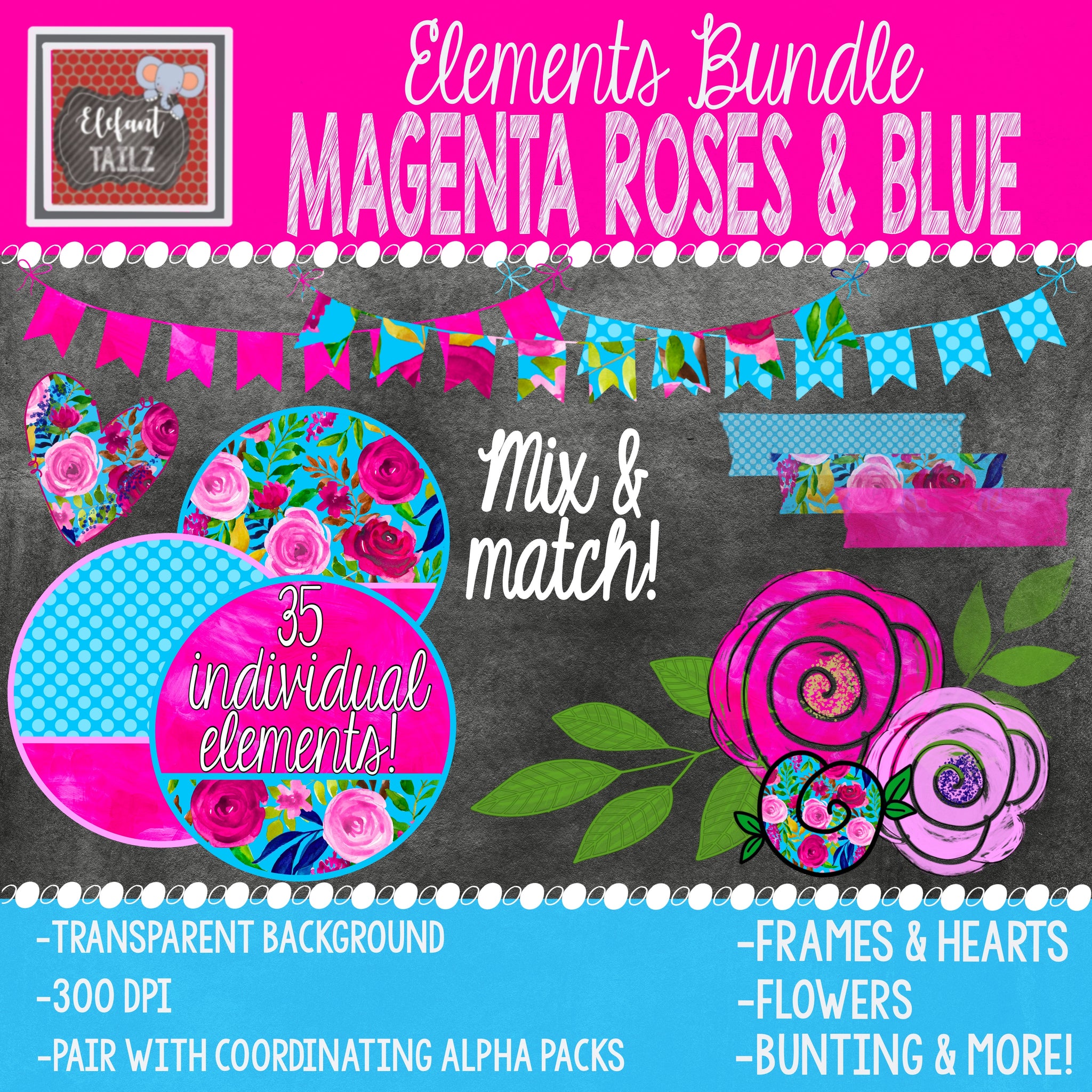 Magenta Roses & Blue Elements BUNDLE