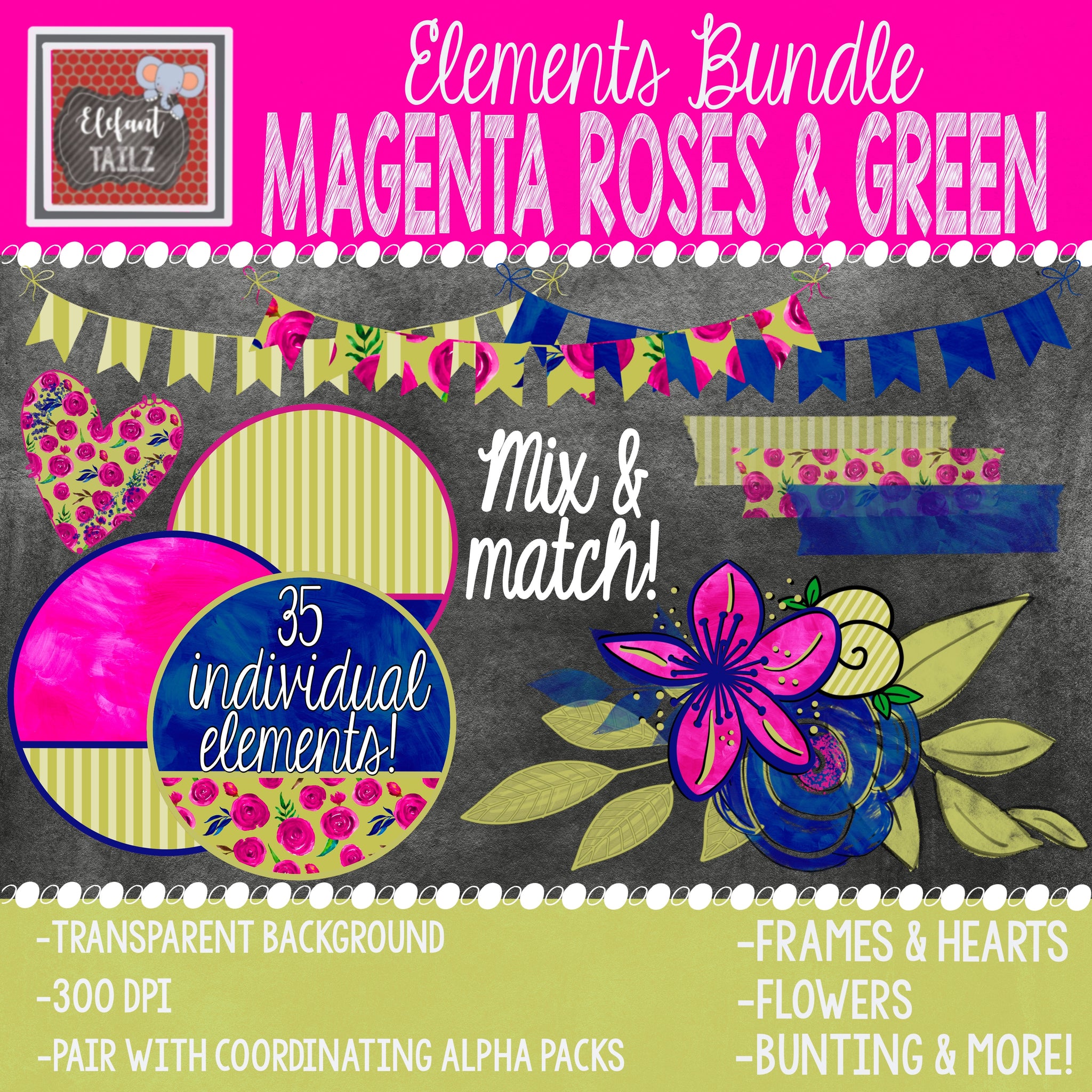 Magenta Roses & Green Elements BUNDLE