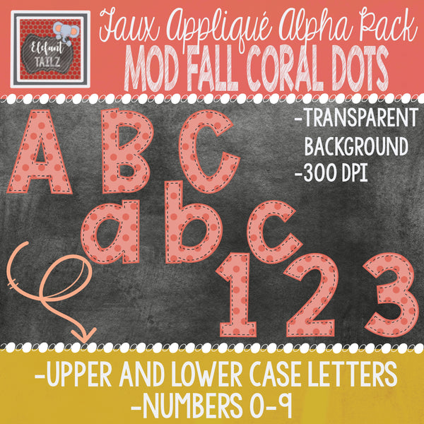 Alpha & Number Pack - Faux Applique - Mod Fall Coral Dots