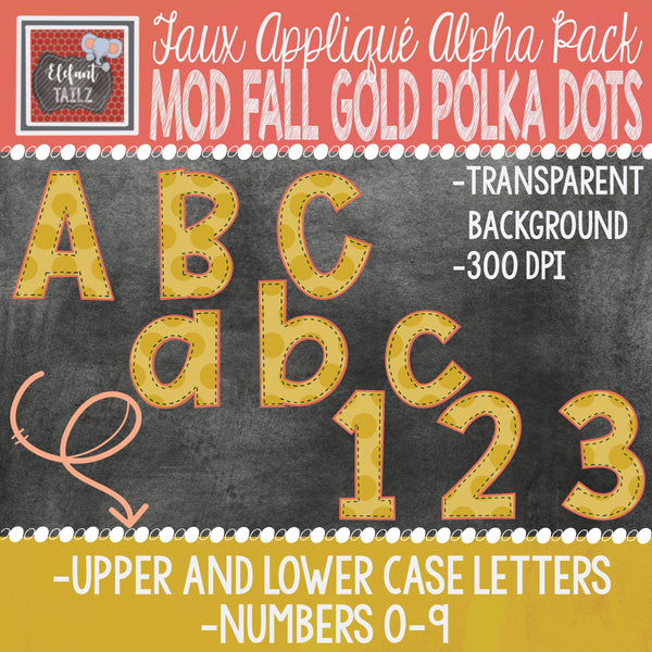 Alpha & Number Pack - Faux Applique - Mod Fall Gold Polka Dots
