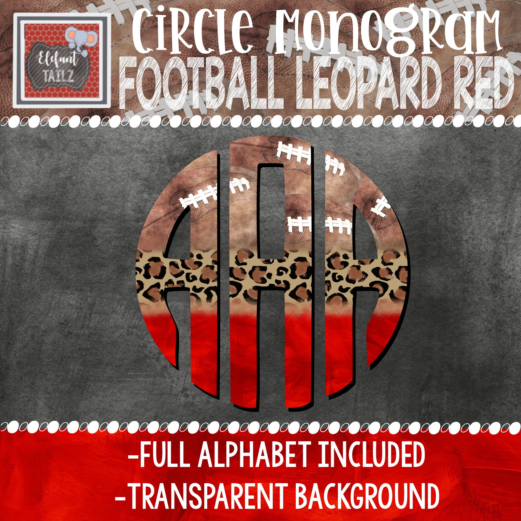 Circle Monogram - Football, Leopard, Red