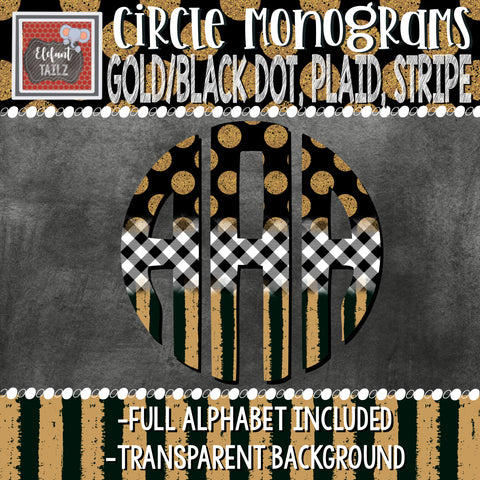Circle Monogram - Gold & Black Dot, Plaid, & Stripes