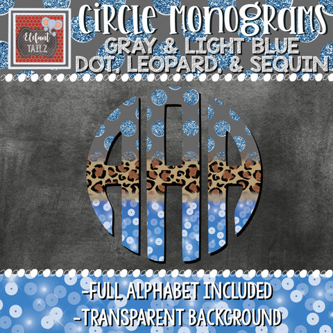 Circle Monogram - Gray & Light Blue Dot, Leopard, & Sequin