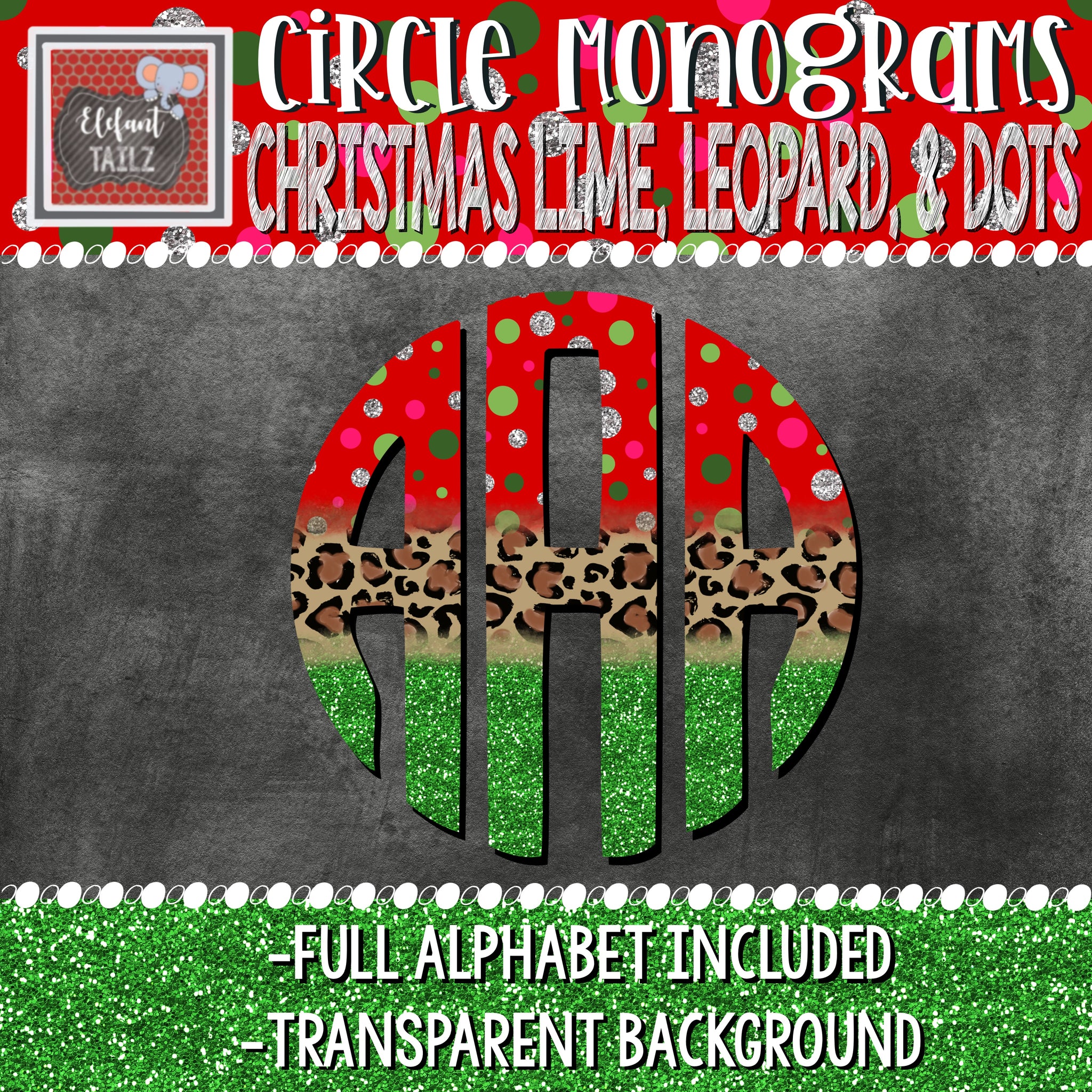 Circle Monogram - Christmas Lime Leopard & Dots