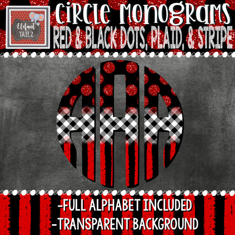 Circle Monogram - Red & Black Dot, Plaid, & Stripe