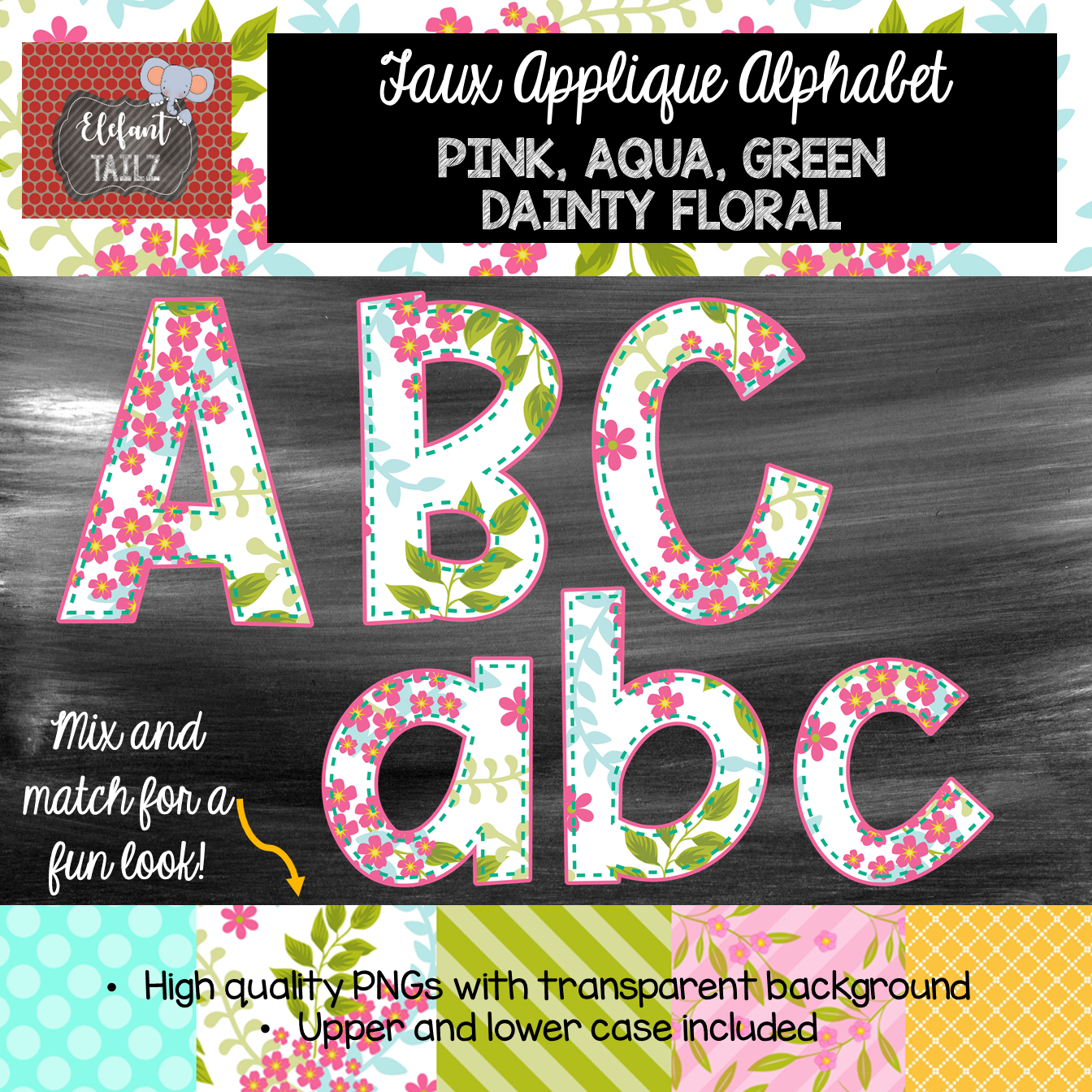 Alpha Pack - Faux Applique - Pink Aqua Green Dainty Floral
