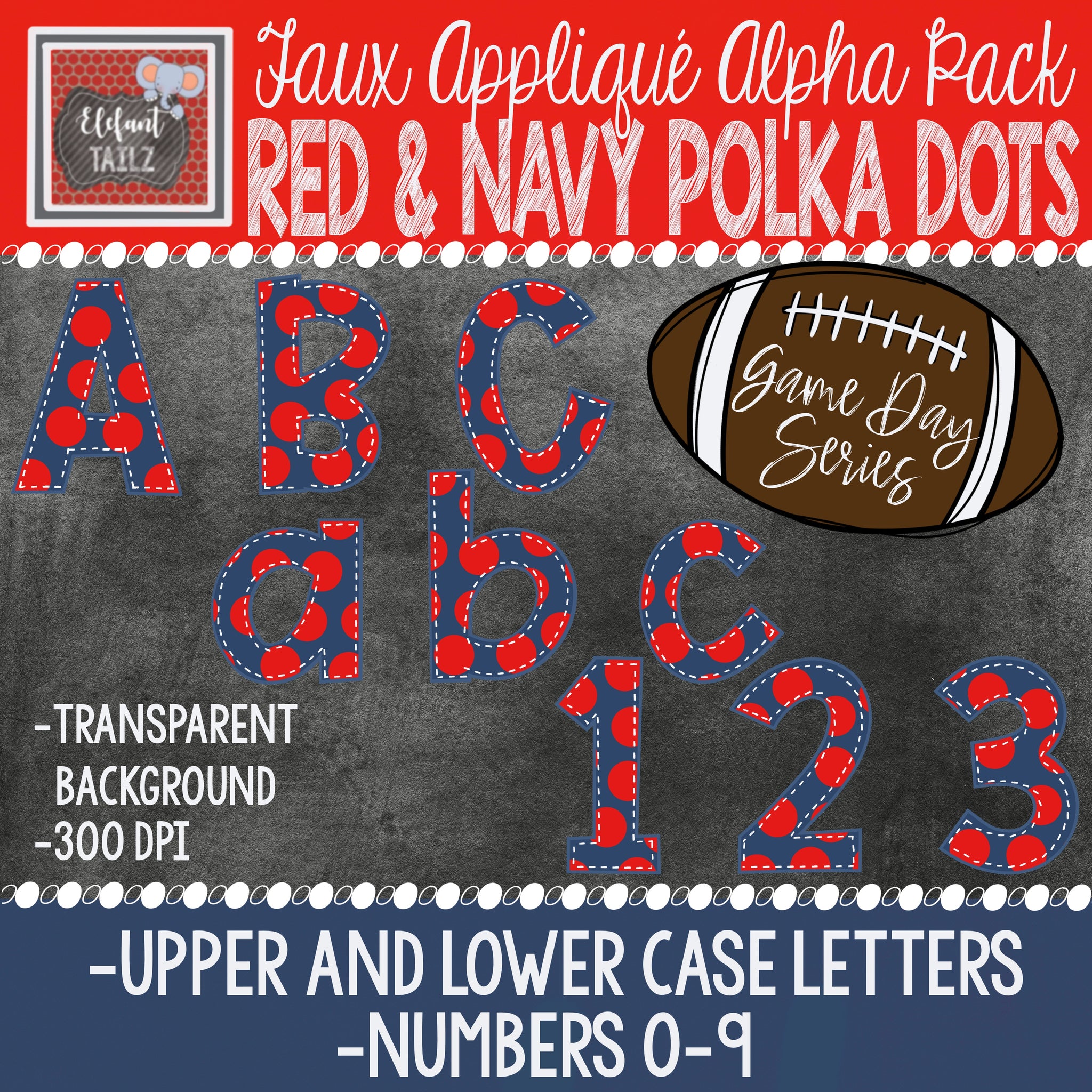 Game Day Series Alpha & Number Pack - Red & Navy Polka Dots