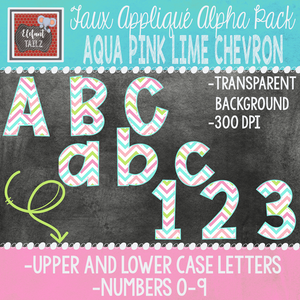 Alpha & Number Pack - Faux Applique - Aqua Pink Lime Chevron