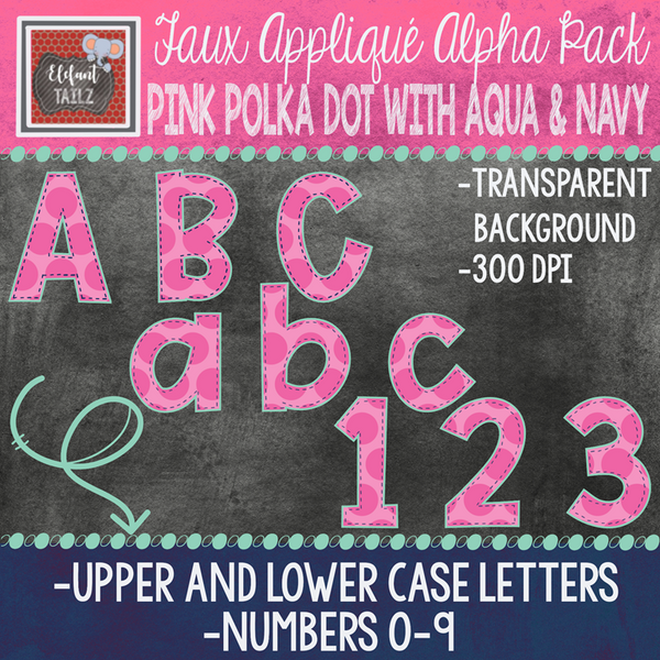Alpha & Number Pack - Faux Applique - Pink Polka Dot with Aqua & Navy