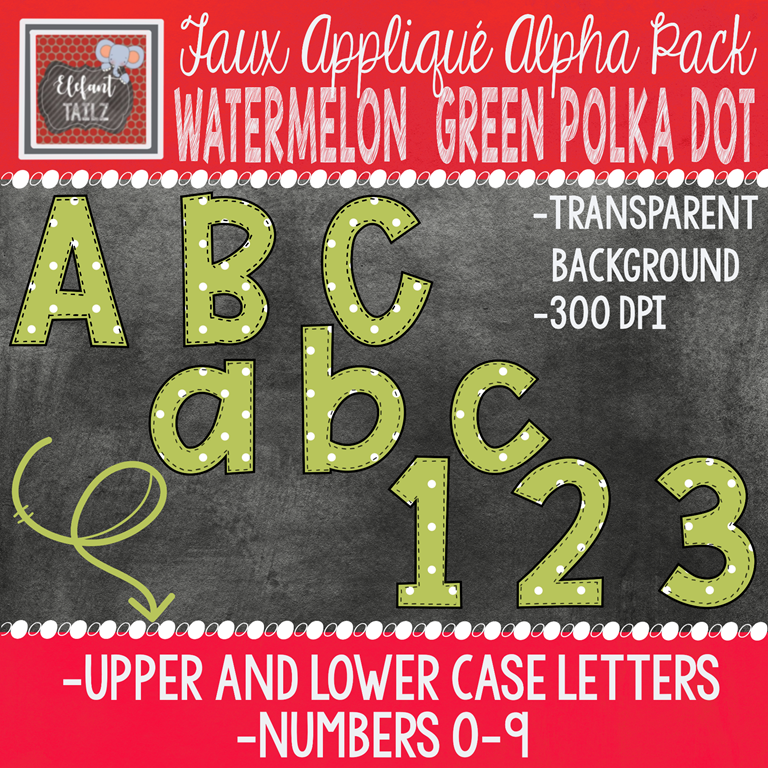 Alpha & Number Pack - Faux Applique - Watermelon Green Polka Dot