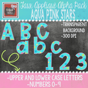 Alpha & Number Pack - Faux Applique - Aqua Pink Stars