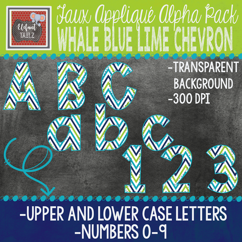 Alpha & Number Pack - Faux Applique - Whale Blue Lime Chevron
