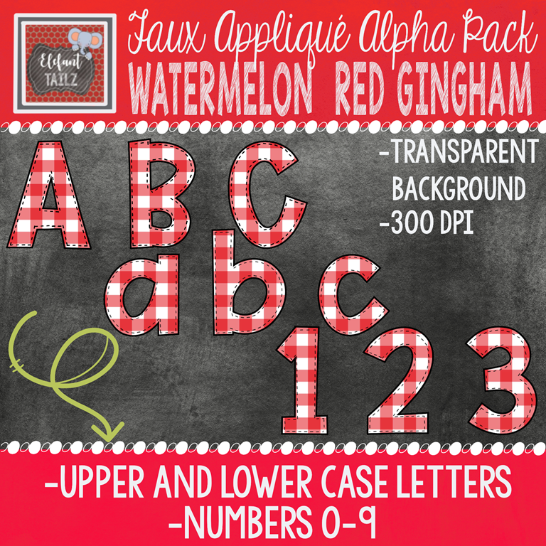 Alpha & Number Pack - Faux Applique - Watermelon Red Gingham