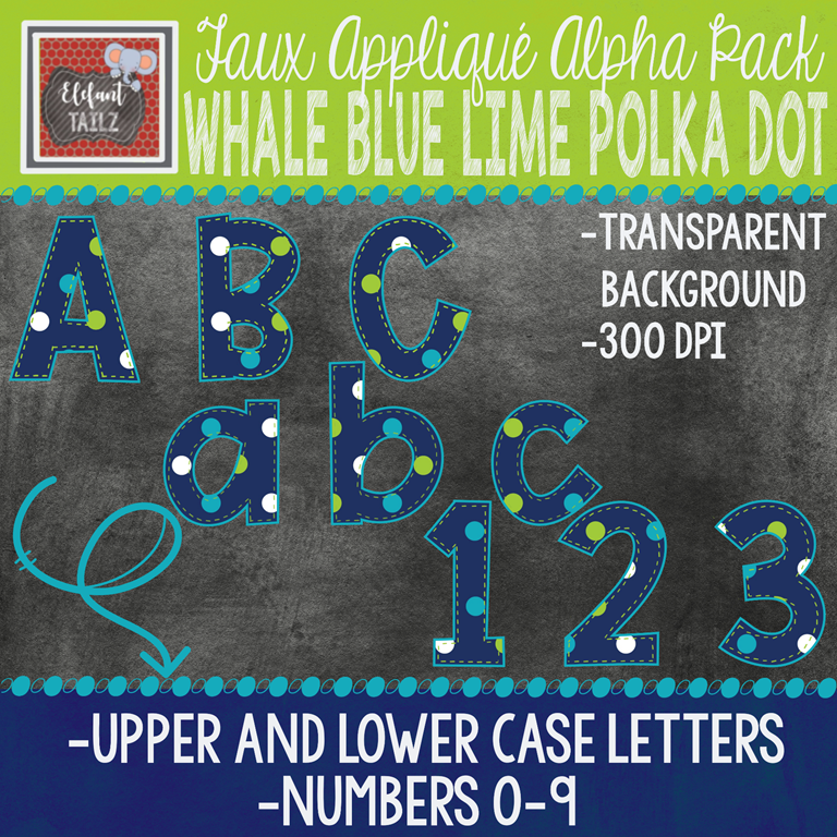Alpha & Number Pack - Faux Applique - Whale Blue Lime Polka Dot