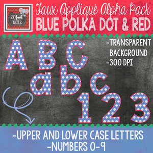 Alpha & Number Pack - Faux Applique - Blue Polka Dot with Red