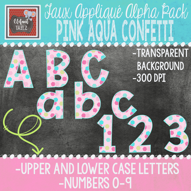 Alpha & Number Pack - Faux Applique - Pink Aqua Confetti