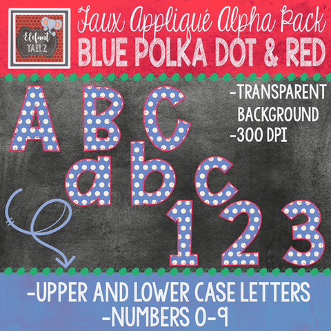 Alpha & Number Pack - Faux Applique - Blue Polka Dot with Red