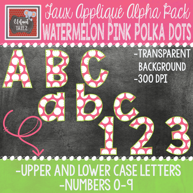 Alpha & Number Pack - Faux Applique - Watermelon Pink Polka Dots