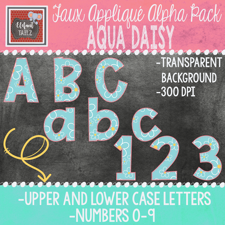 Alpha & Number Pack - Faux Applique - Aqua Daisy