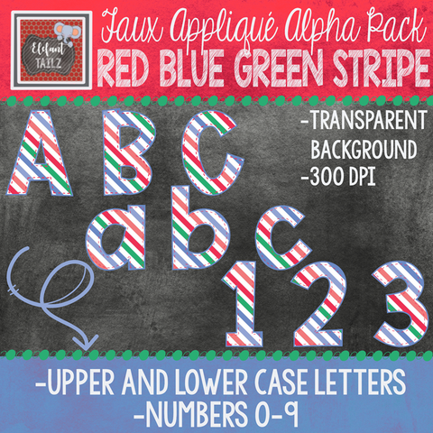 Alpha & Number Pack - Faux Applique - Red Blue Green Stripe