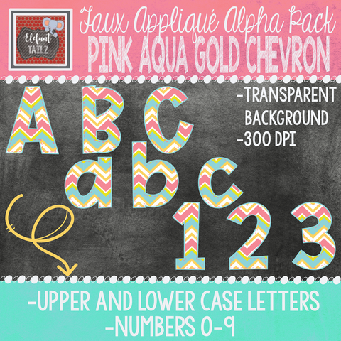 Alpha & Number Pack - Faux Applique - Pink Aqua Gold Chevron