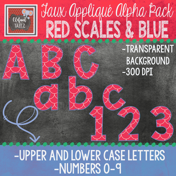Alpha & Number Pack - Faux Applique - Red Scales with Blue