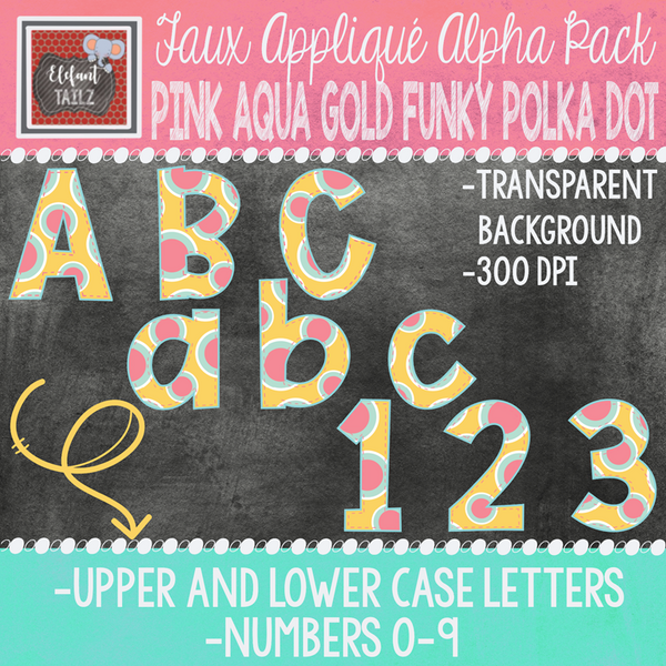 Alpha & Number Pack - Faux Applique - Pink Aqua Gold Funky Polka Dot
