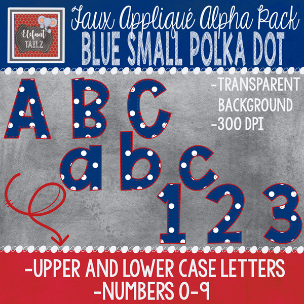 Alpha & Number Pack - Faux Applique - Blue Small Polka Dot