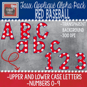 Alpha & Number Pack - Faux Applique - Red Baseball